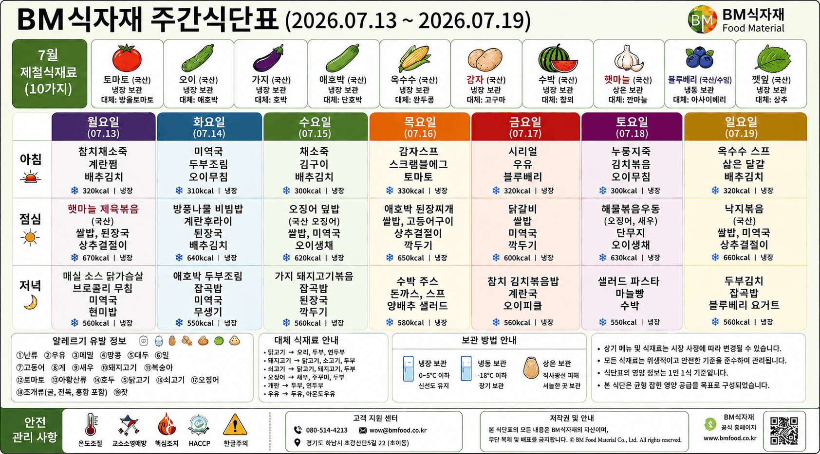 비엠식자재(BM Food) 주간식단표 (2026.07.13~07.19) | 익숙함 속의 안정감 — 7월 둘째 주 여름 밥상